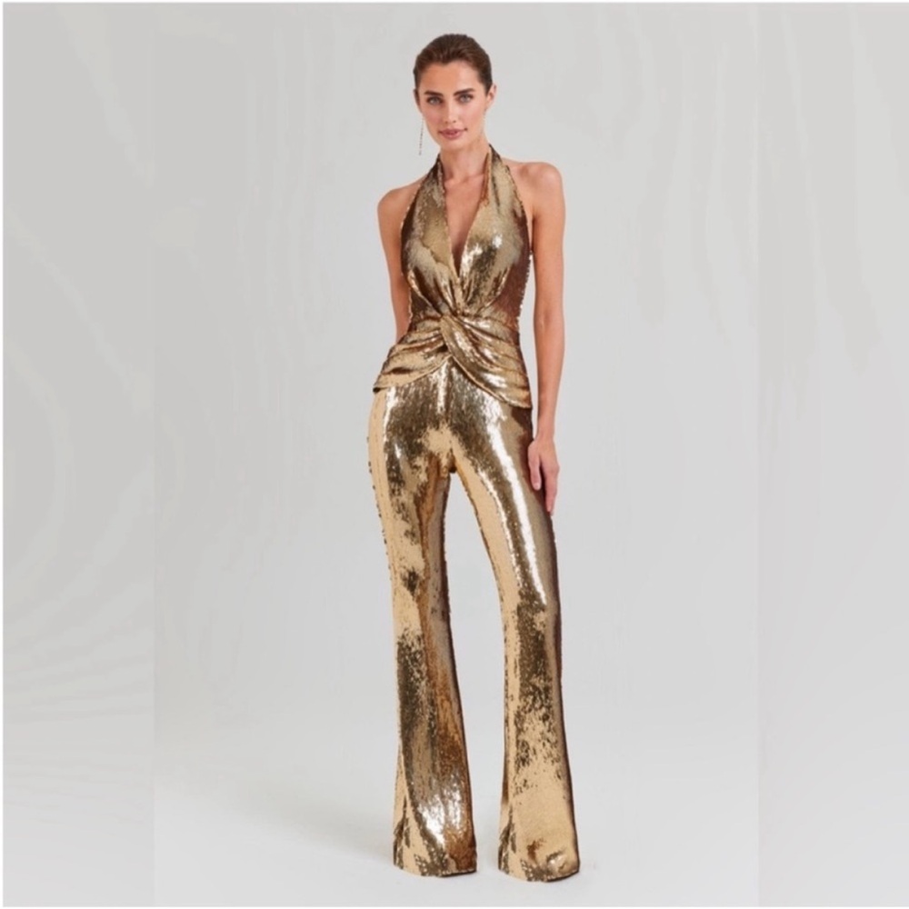 NADINE MERABI Gold Sequin Halter Jumpsuit